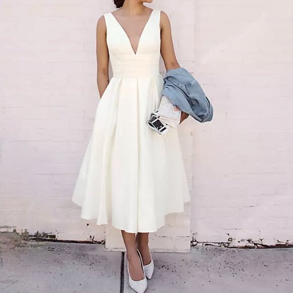 DB Studio Satin Dress Ivory White Bridal Wedding Cocktail Tea Length FREE Veil